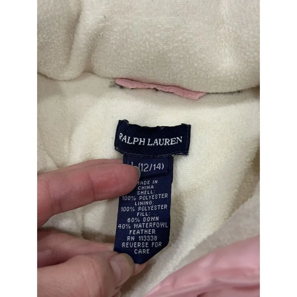 Polo Ralph Lauren Puffer Down Jacket L 12/14 Light‎ Pink White Pony Winter Coat